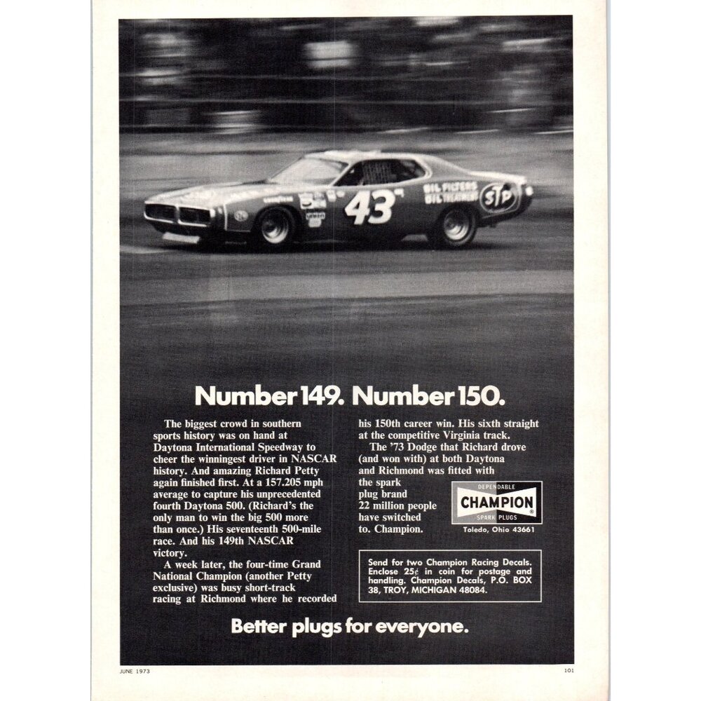 1973 Champion Spark Plugs Richard Petty Dodge Charger NASCAR Vintage Print Ad
